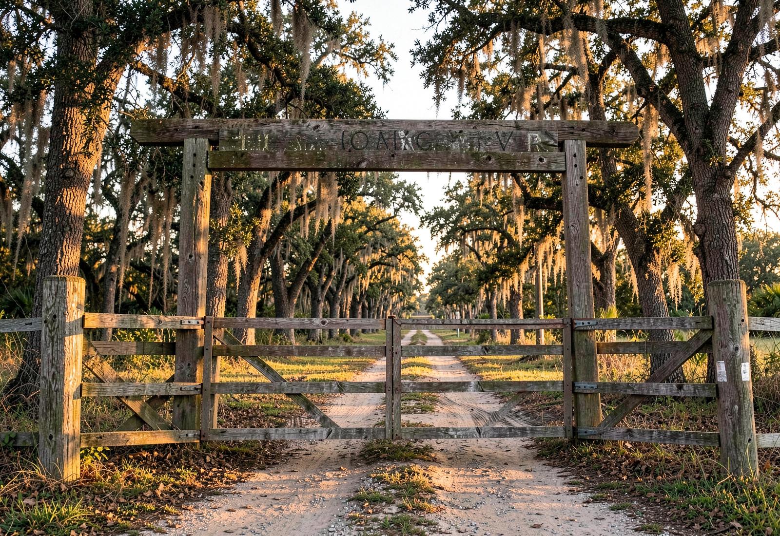 Wooden ranch entrance gate over an oak-lined dirt drive