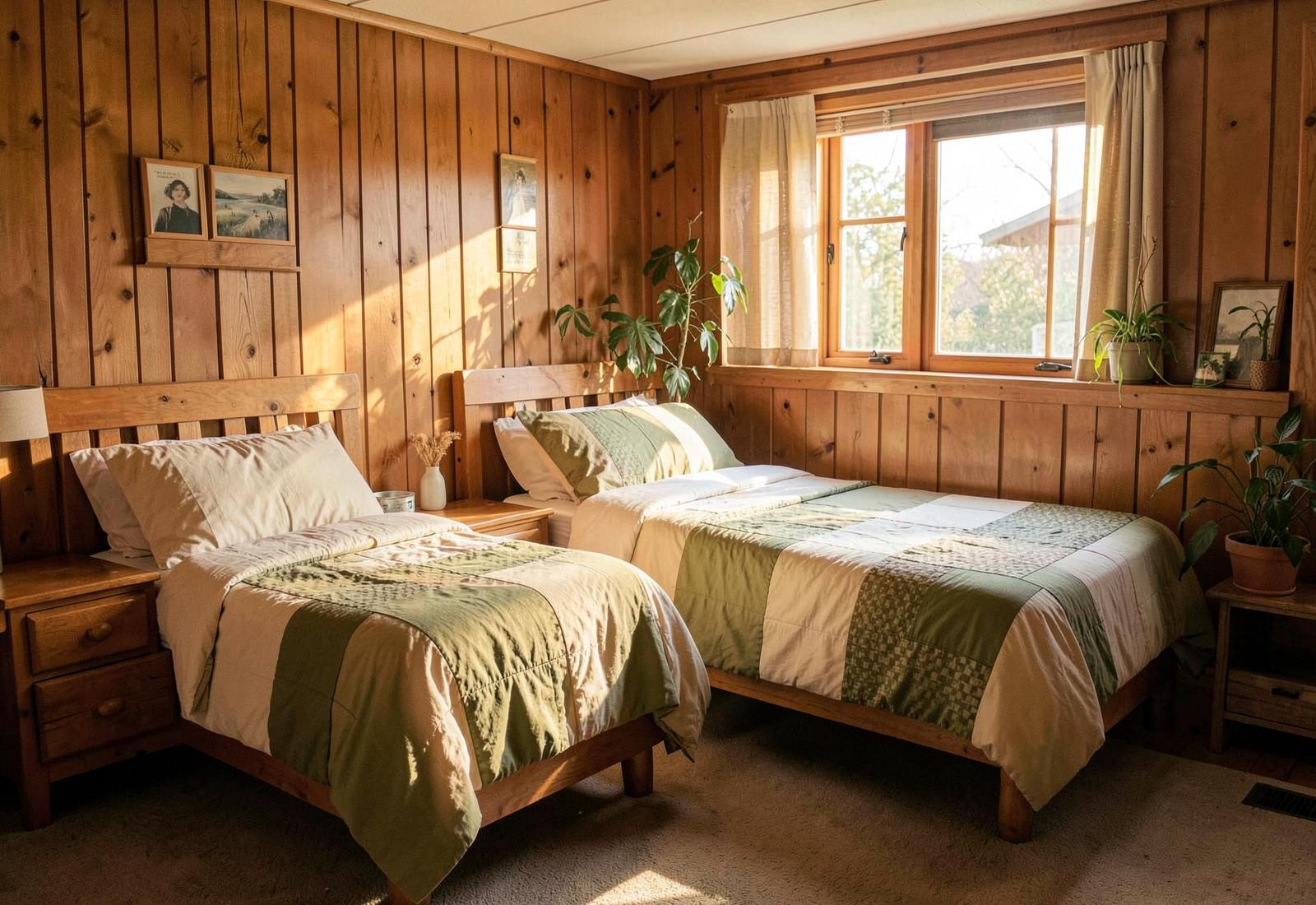 Shared bedroom in supportive housing with two neatly made twin beds