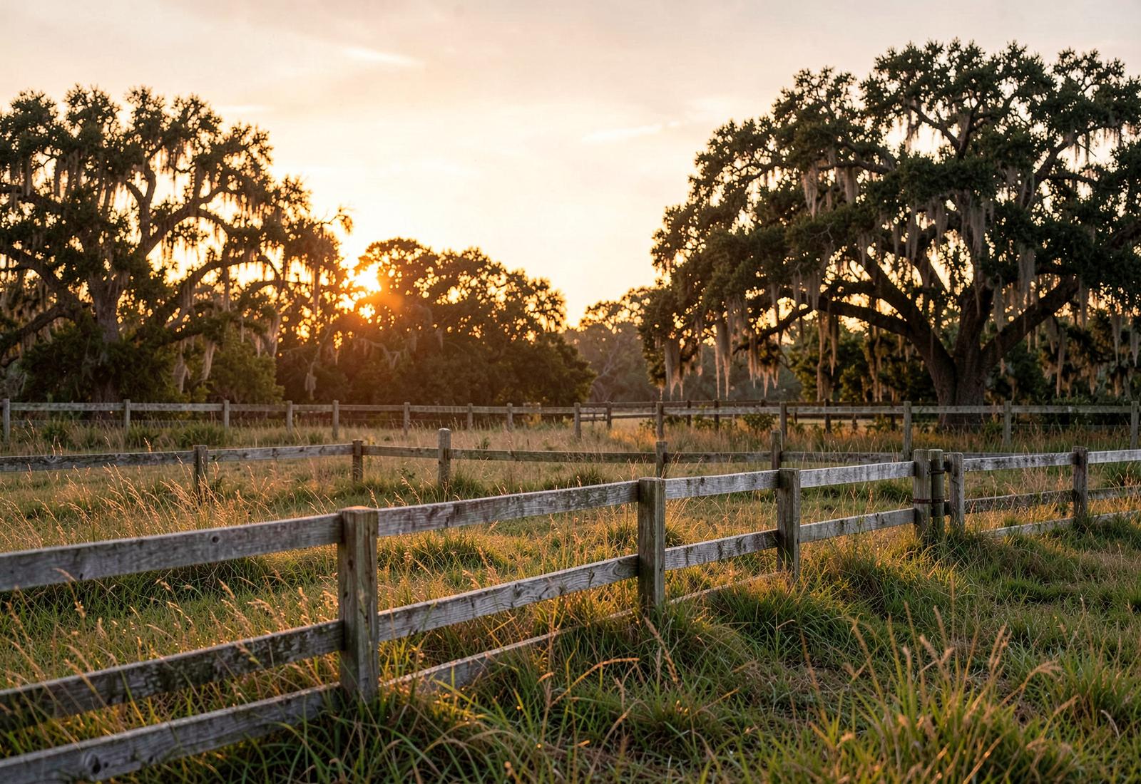 Fenced ranch pasture lined with live oaks at sunset