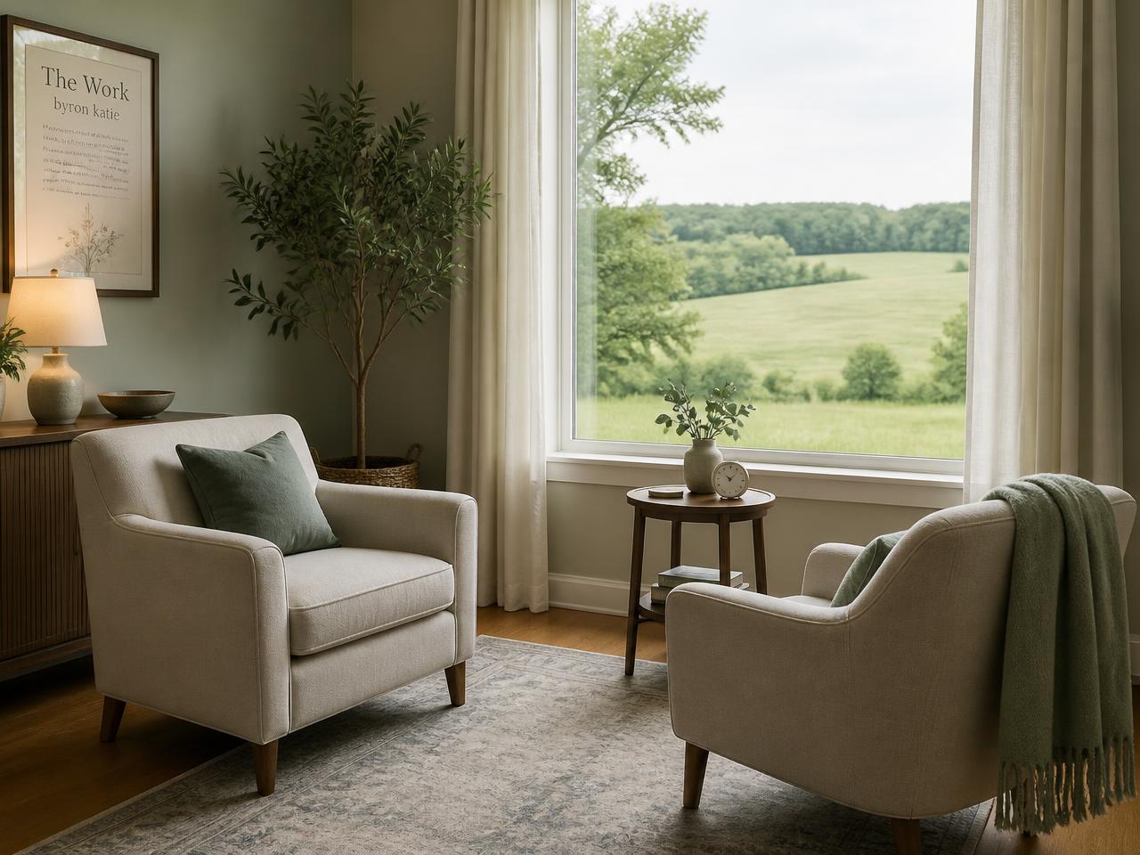 A calm counseling room with two chairs facing a window overlooking green pasture